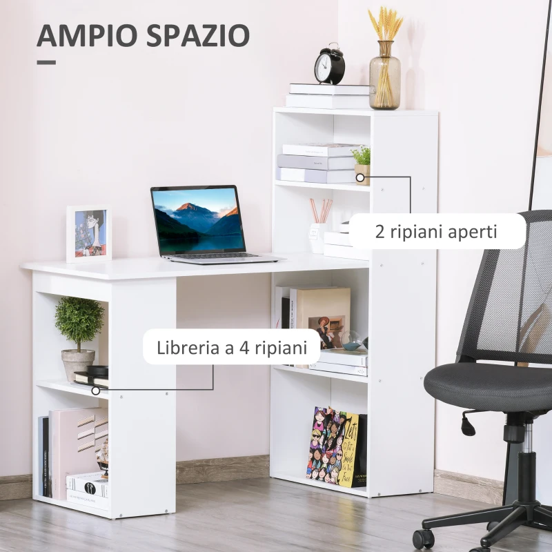 HOMCOM Scrivania Computer con Libreria Salvaspazio, Tavolo da Pranzo per Ufficio e Studio, 120x55x120 cm, Bianco