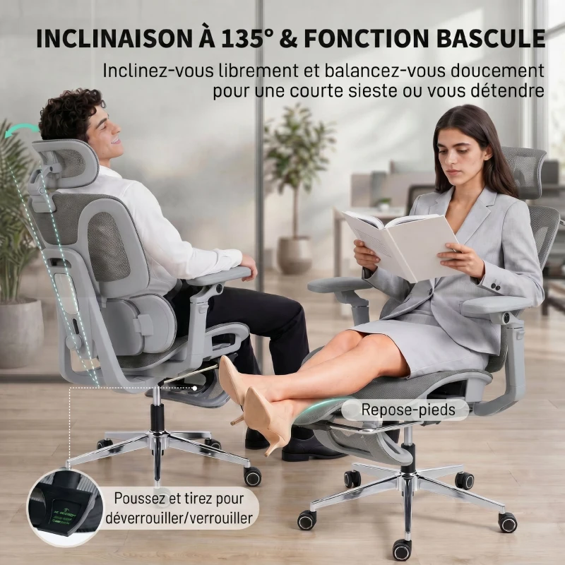 HOMCOM Chaise Bureau Ergonomique avec Accoudoirs 6D Appui-Tête et Profondeur d'Assise Réglables Maille Gris