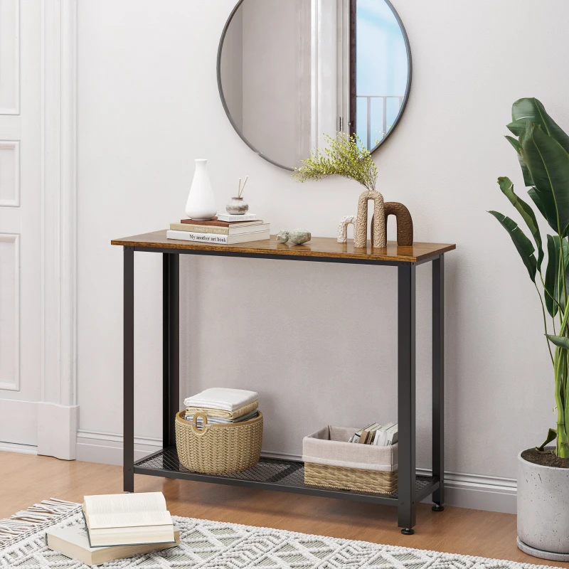 HOMCOM Industrial Console Table，Entryway Table w/Bottom Mesh Shelf Metal Frame Vintage Sofa Table for Hallway, Living Room, Rustic Brown