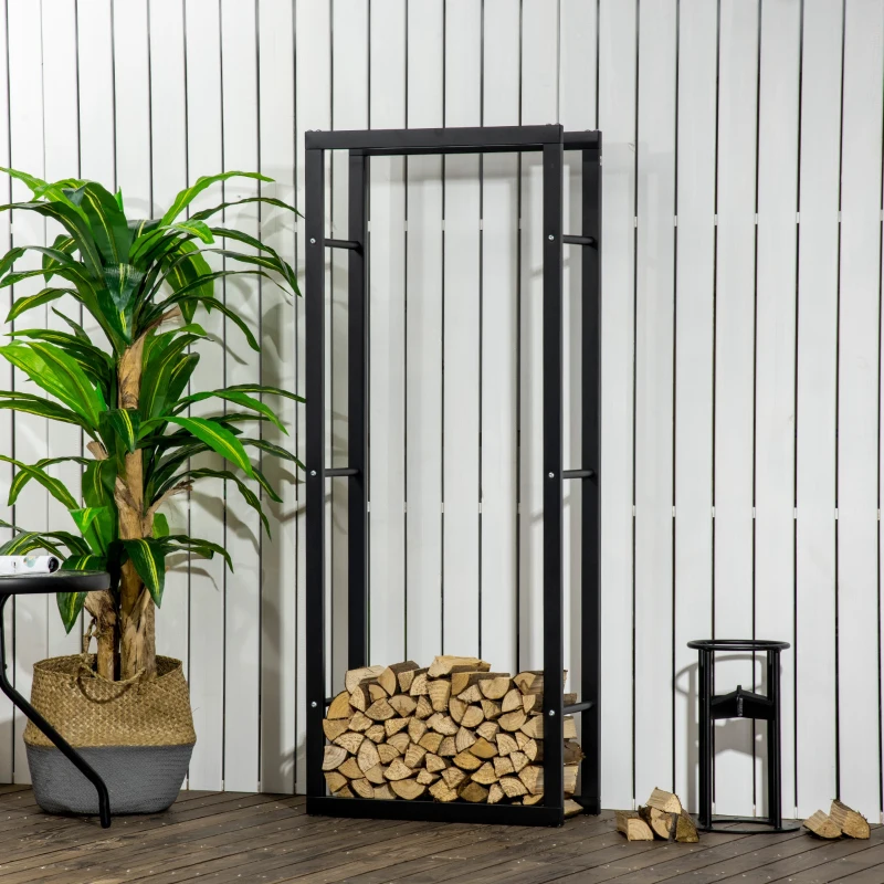 HOMCOM Soporte para Leña de Metal Estante de Leña Leñero de Exterior para Interior y Exterior Carga 100 kg 60x25x150 cm Negro