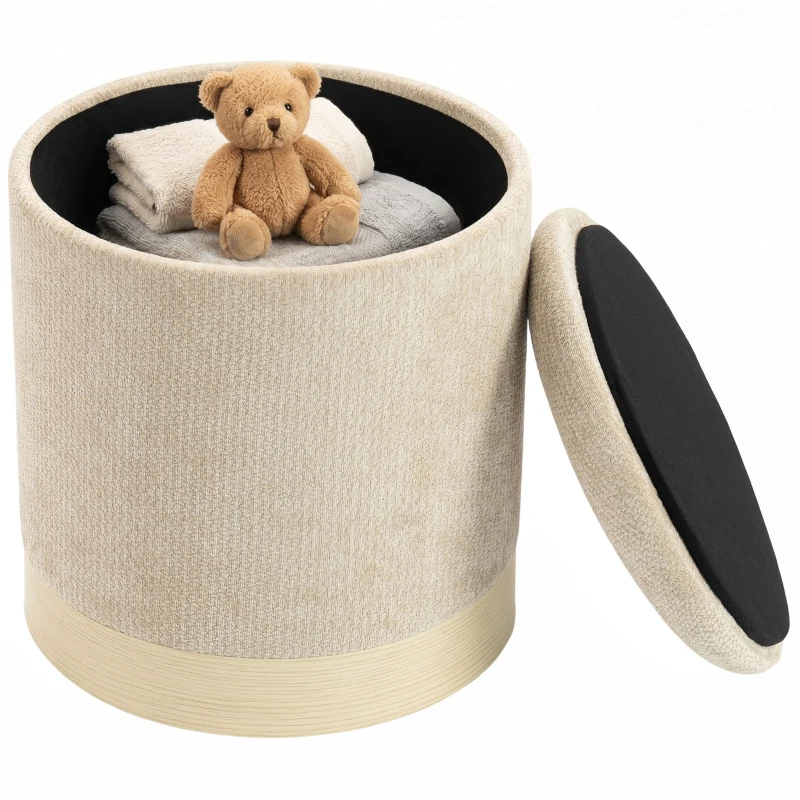 HOMCOM Pouf coffre rangement, tabouret rond en chenille, pouf repose-pieds avec base en métal effet bois, beige
