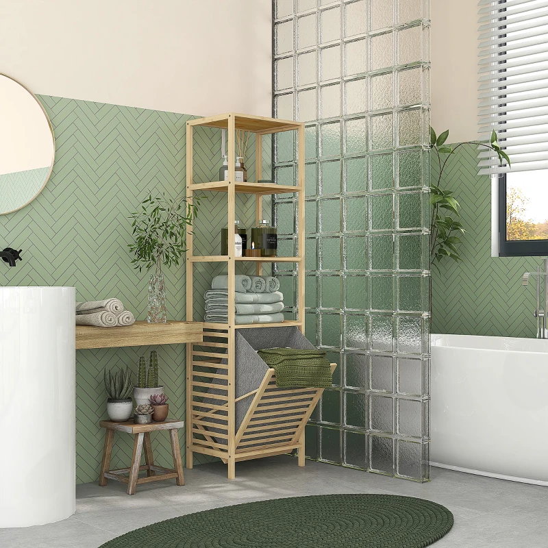 HOMCOM Badkamerrek met Wasmand, 3 Planken, Bamboe Frame, 44x33x160cm, Natuur