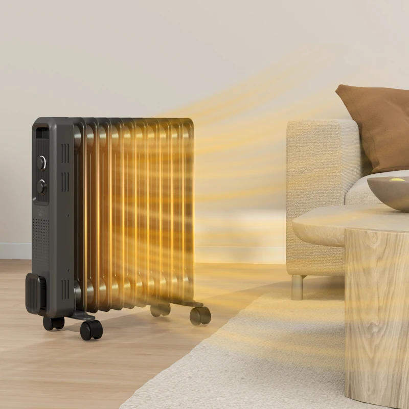 HOMCOM 2500W Oil Filled Radiator, 11 Fin, Portable Electric Heater with 3 Heat Settings, Safety Cut-Off and Wheels, Grey