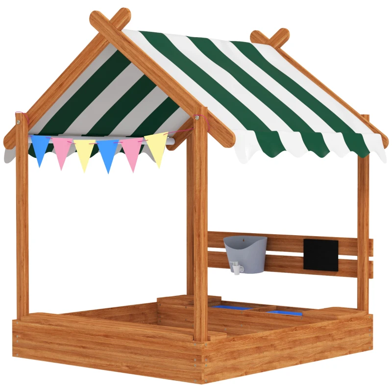 Outsunny Zandbak met zonbescherming, speelhuisdesign, met speelgoedset, behandeld massief hout, 124 x 116 x 146 cm, groen