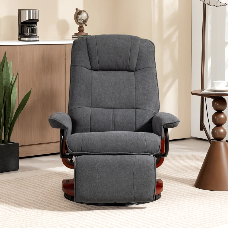 HOMCOM Draaibare relaxfauteuil, linnenlook, handmatig verstelbaar, met houten voet, voetensteun, hoge rugleuning, grijs