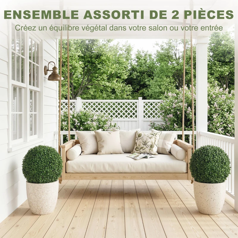 HOMCOM Lot de 2 boules de buis artificielles en pot, résistantes aux UV, 42 cm, pour décoration intérieure/extérieure