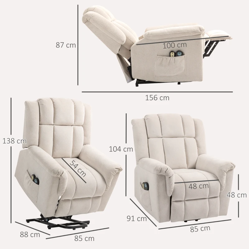 HOMCOM Powerlift Stoel, Massagstoel met Verwarmingsfunctie, Gepolsterde Stoel met Voetsteun, Zijvak, Stoffen Bekleding, Beige