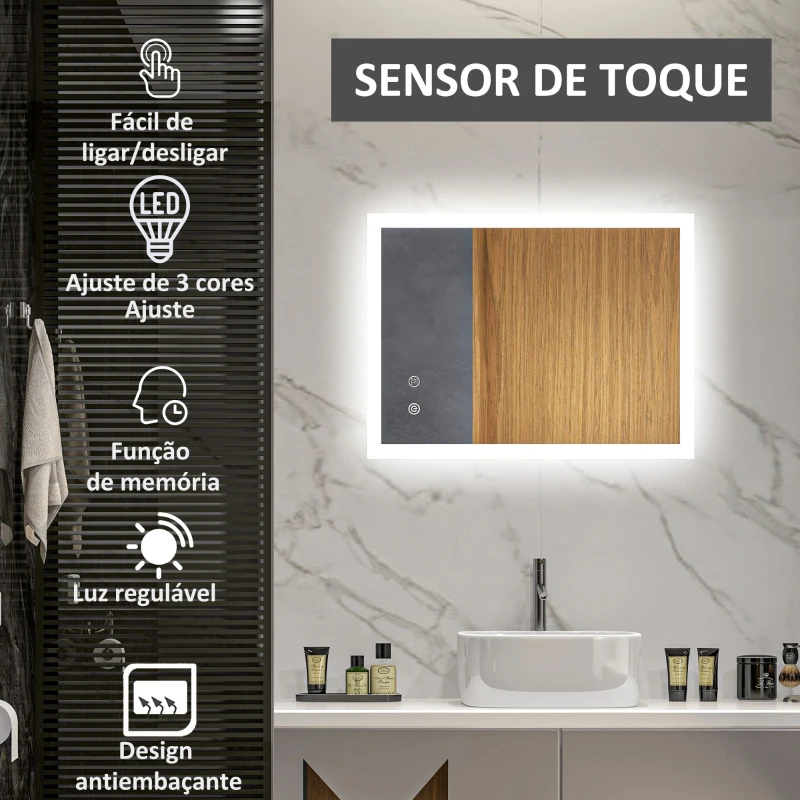 kleankin Espelho Casa de Banho com Luzes LED 80x60 cm Função Antiembaciamento 3 Cores Função de Memória e Interruptor Tátil Prata