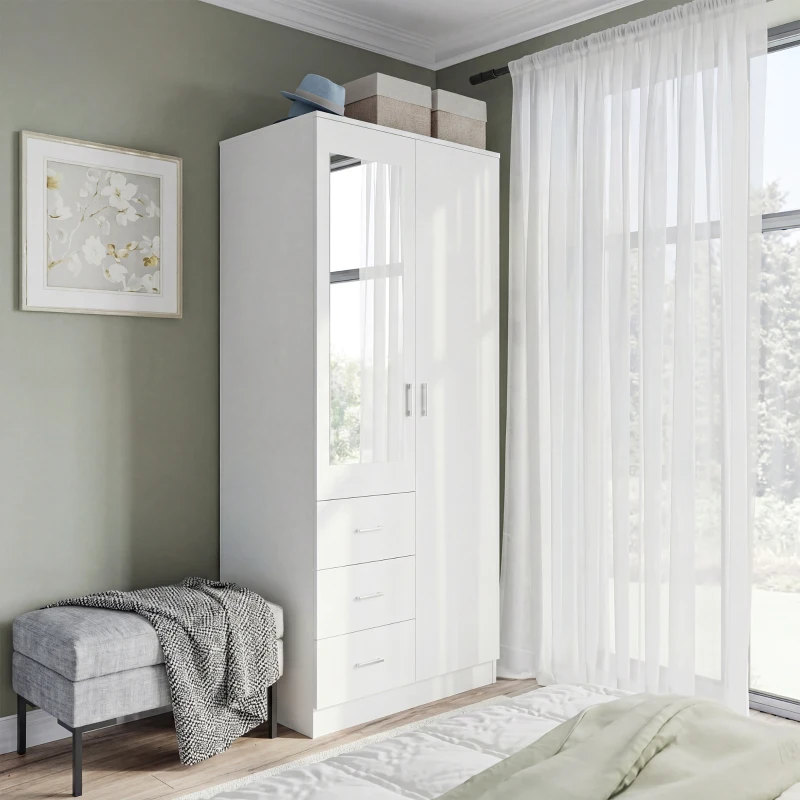 HOMCOM 2 Door 3 Drawer Mirrored Wardrobe with Hanging Rail, Modern Clothes Storage Cupboard with Mirror, Drawers and Adjustable Shelves for Bedroom, 80 x 50 x 180 cm, White