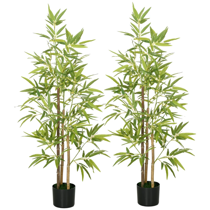 HOMCOM Kunstbamboe Boom Set van 2, 3 Stammen, Onderhoudsarm, 120 cm, Met Cementpot, Groen