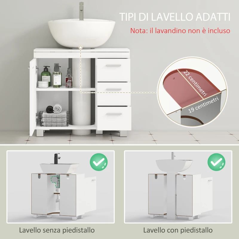 HOMCOM Mobile Sottolavabo Bagno con Armadietto, Ripiani e Cassetti, Bianco