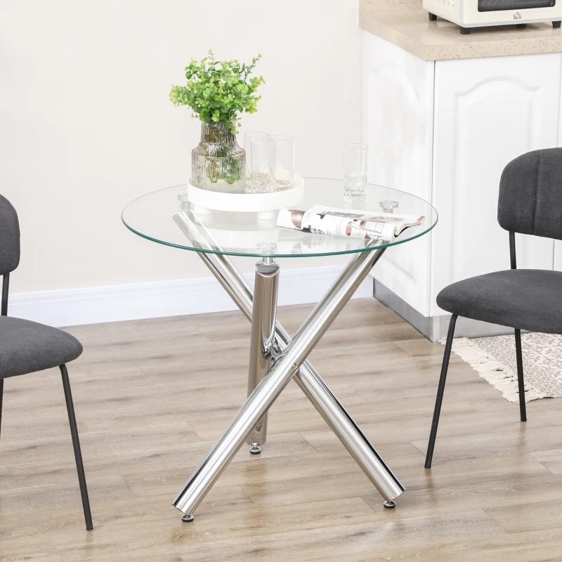 HOMCOM Eettafel, rond blad van gehard glas, randloos ontwerp, voor 2-4 personen, stalen poten, 80 x 80 x 74 cm