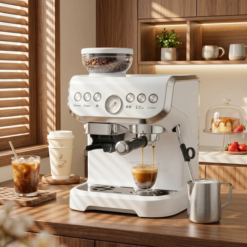 HOMCOM 15 Bar Coffee Machine, with Adjustable Grind, Steamer and Accessories - White