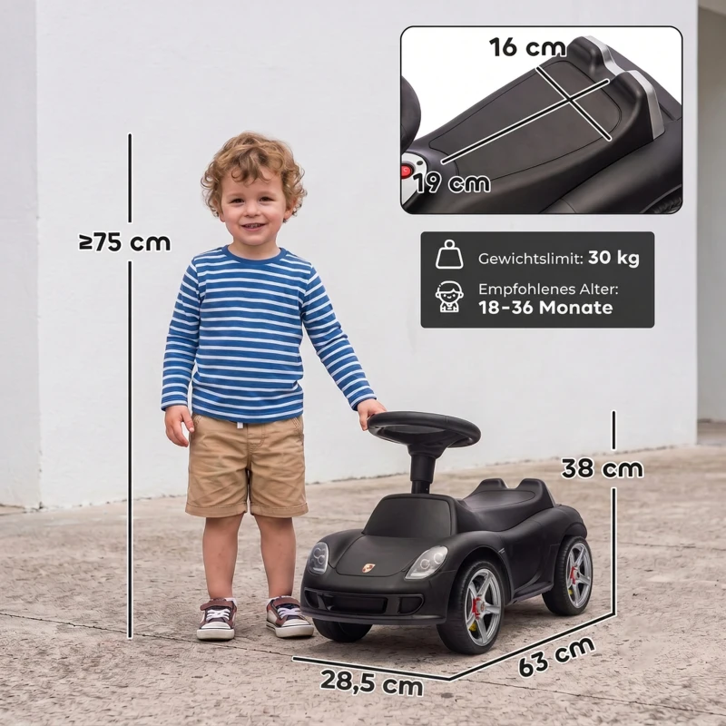 AIYAPLAY Voiture porteur enfant Porsche avec klaxon, lumières, sons de moteur, pour 18–36 mois, noir mat
