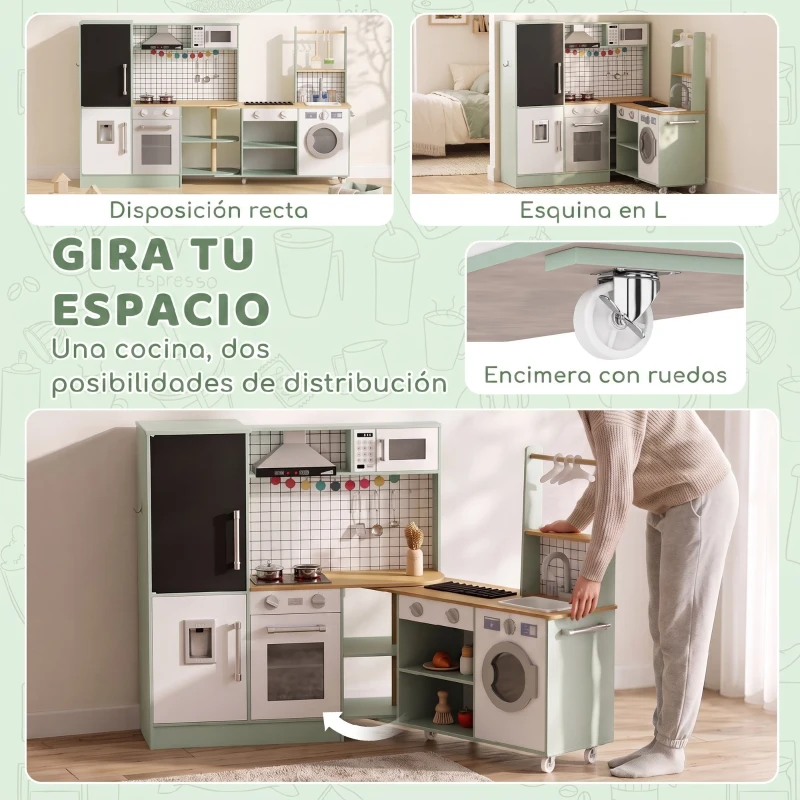 AIYAPLAY Cocina Infantil de Juguete de Imitación con Microondas Horno y Encimera Giratoria sobre Ruedas 160x32x97,5 cm Verde Claro