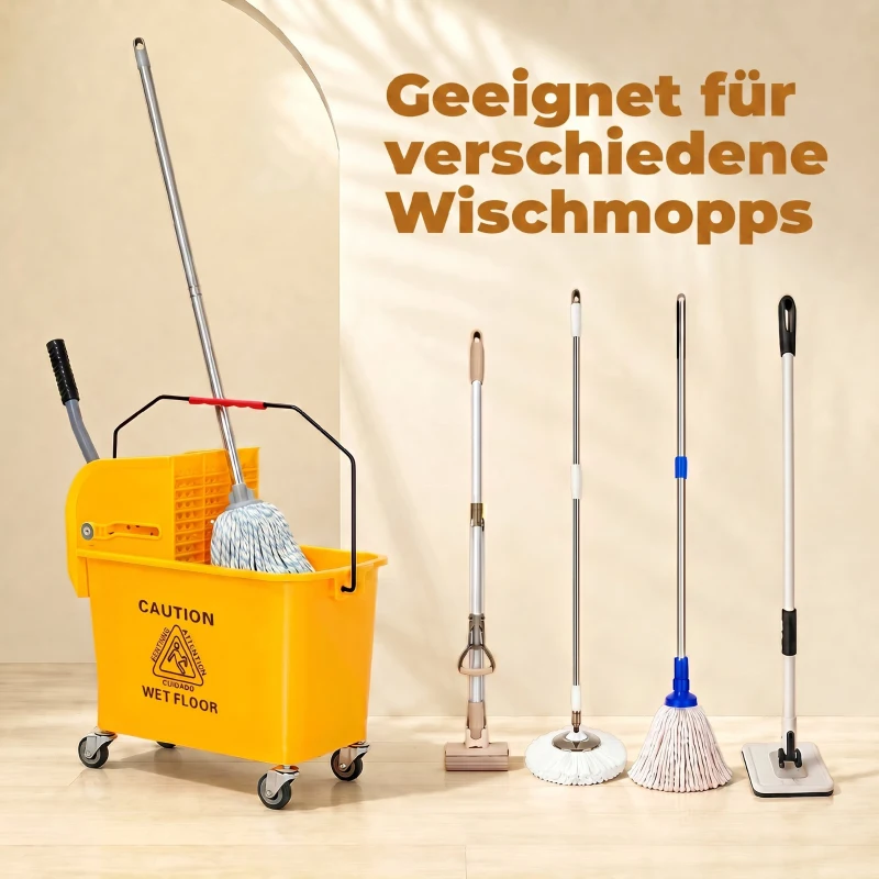 HOMCOM Schoonmaakwagen, verrijdbare emmer, schoonmaakemmer, 20 liter dweilwagen met pers, 2 bakken, geel