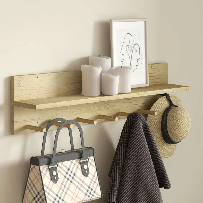 HOMCOM Mensola da Parete in Legno di Abete con 7 Ganci per Ingresso e Soggiorno, 80x12x20 cm