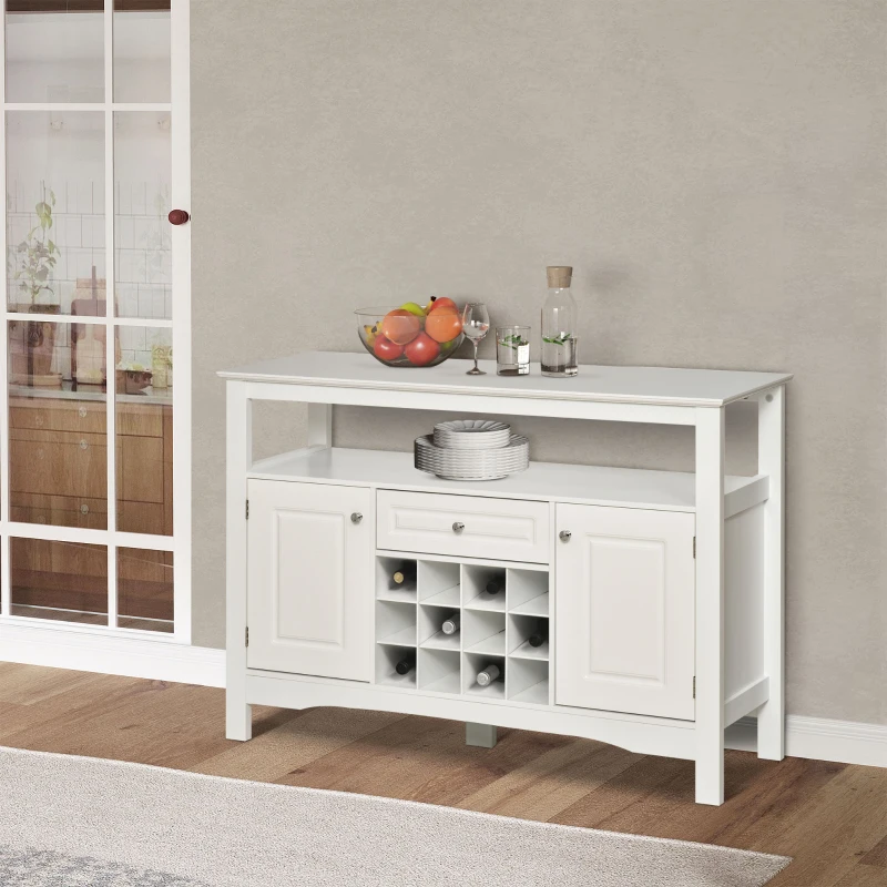 HOMCOM Aparador de Cozinha com 1 Gaveta 1 Prateleira Aberta 2 Portas e Suporte para 12 Garrafas 116,5x40x82,5 cm Branco