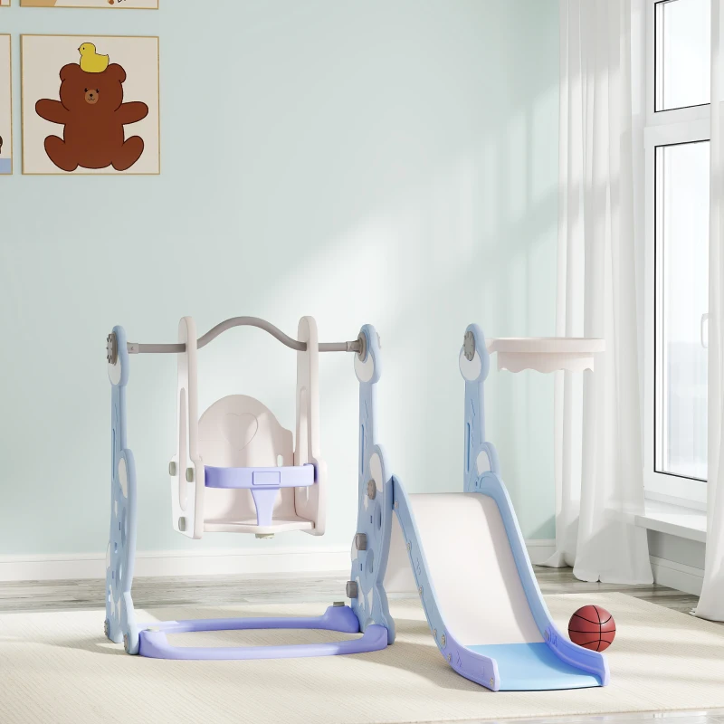 AIYAPLAY Toboggan et balançoire pour enfants 4 en 1 avec panier de basket et échelle, 147,5 x 160 x 107 cm, bleu clair