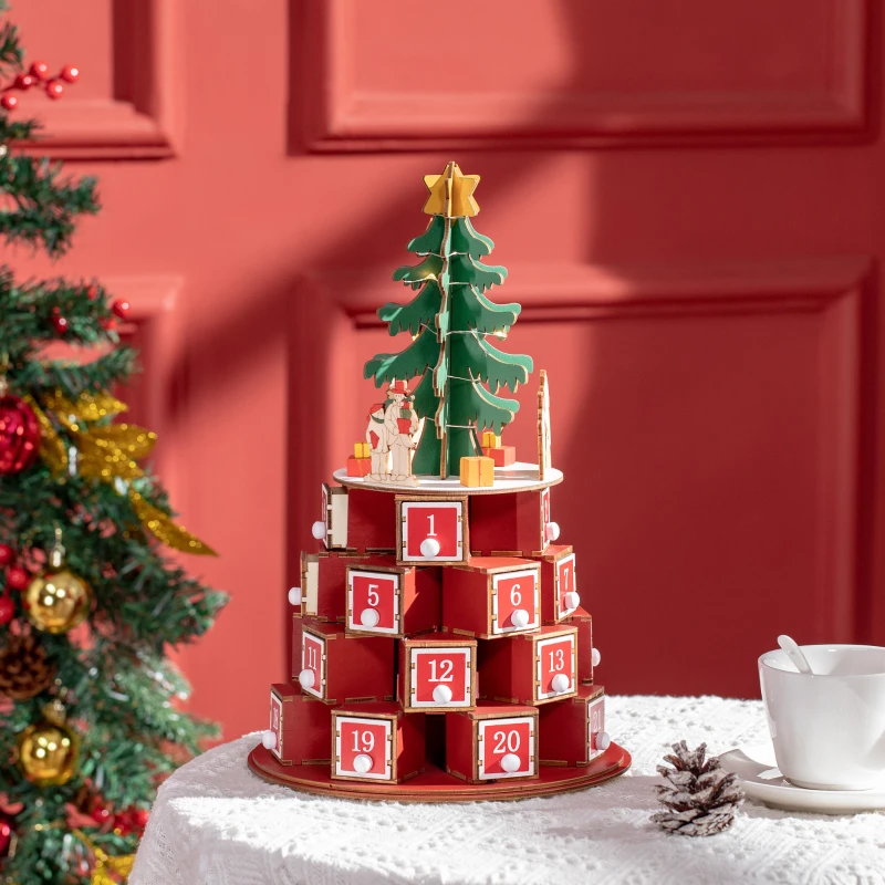 HOMCOM Calendario Avvento di Natale a Cono con Motivi a Tema e 10 Luci a LED, 22x22x35 cm, in Compensato, Rosso Verde e Giallo