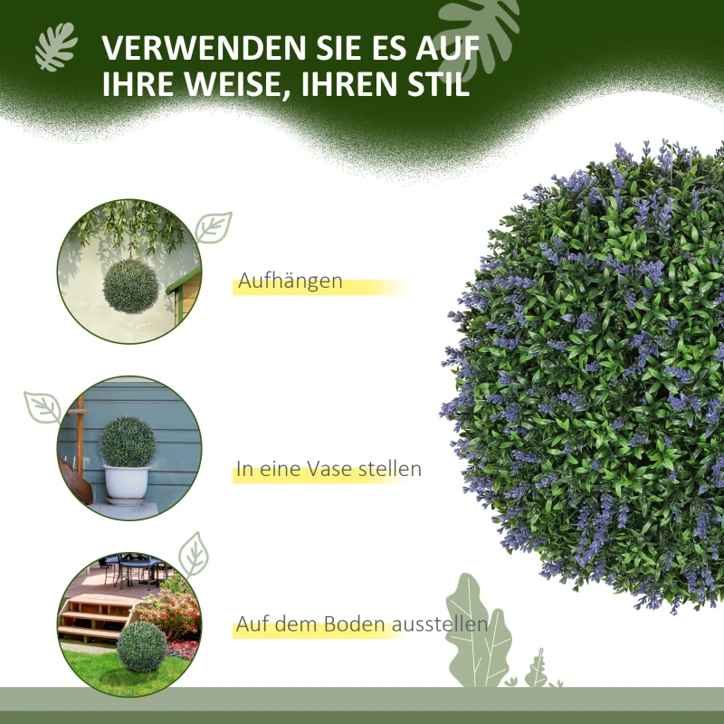 HOMCOM Set van 2 kunstmatige bolvormige planten, UV-bestendig, Kunstplanten voor Binnen- en Buitengebruik, 42 cm, Groen+Paars