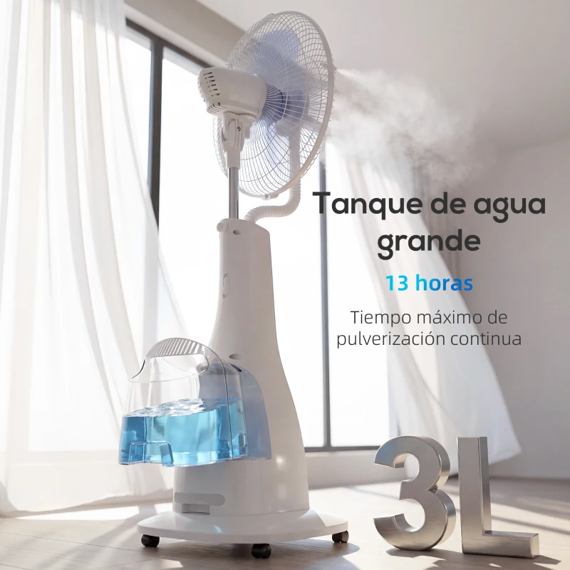 HOMCOM Ventilador Nebulizador 90W Oscilación de 75° 3 Velocidades 5 Aspas Depósito de Agua de 3L 5 Ruedas Control Remoto