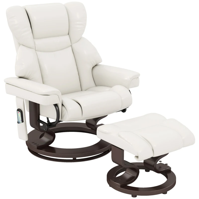 HOMCOM Relaxfauteuil met massagefunctie en voetenbank, ligstoel, kunstleer, 79 x 82 x 101 cm, Crèmewit(m-10)