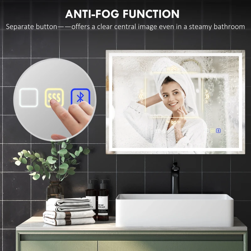 HOMCOM 60 x 80 cm Anti-Fog LED Bathroom Mirror, with Bluetooth - Silver Tone