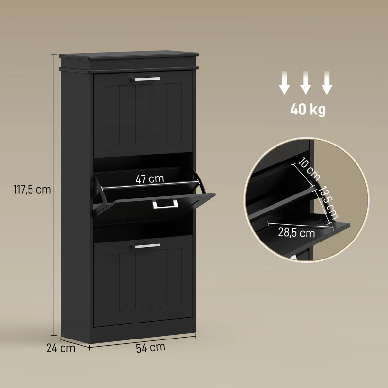 HOMCOM Scarpiera Moderna con 3 Cassetti Ribaltabili per 15 Paia di Scarpe e Ripiano Regolabile, 54x24x117.5cm, Nero