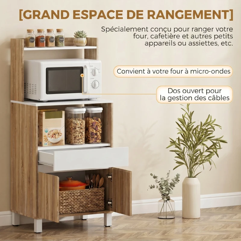 HOMCOM Meuble Micro-Ondes, Buffet Cuisine avec Tiroir, 2 Portes à Fermeture Douce, Plan de Travail et Étagères Ouvertes, Chêne
