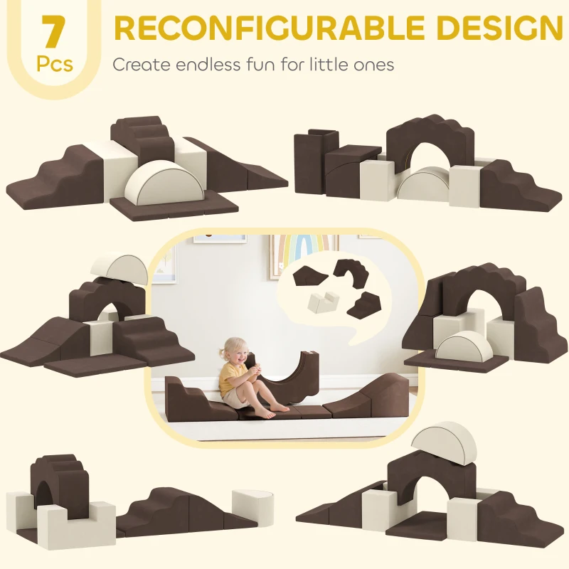 AIYAPLAY 7 Piece Kids Soft Play Set with Detachable Cover, Baby Indoor Climb and Crawl Foam Toy for Toddlers, Brown