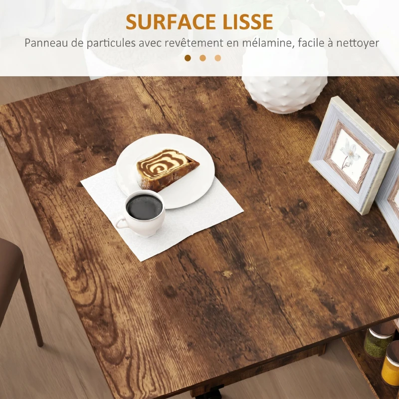 HOMCOM Table à Manger Pliante Mobile sur Roulettes, 2 Plateaux Rabattables, 2 Étagères Intégrées, 140x80x74cm, Brun Rustique