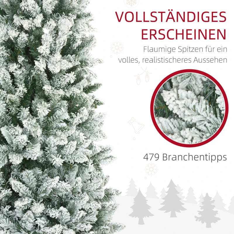 HOMCOM Kunstkerstboom, Slanke Vorm, Kunstmatige Sneeuw, Driedelig, Vlamvertragend, Metalen Voet, 180 cm, Groen