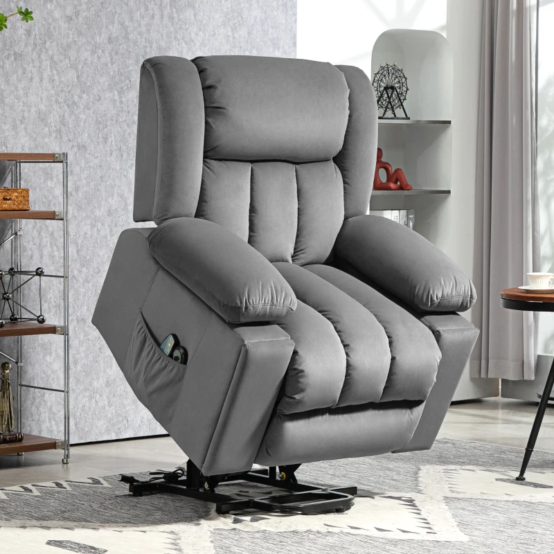 HOMCOM Elektrische Relaxfauteuil met opsta-hulp – Ligstoel met verwarmings- en massagefunctie, afstandsbediening, bekerhouder, zijvak, USB, pocketvering, fluweel, donkergrijs
