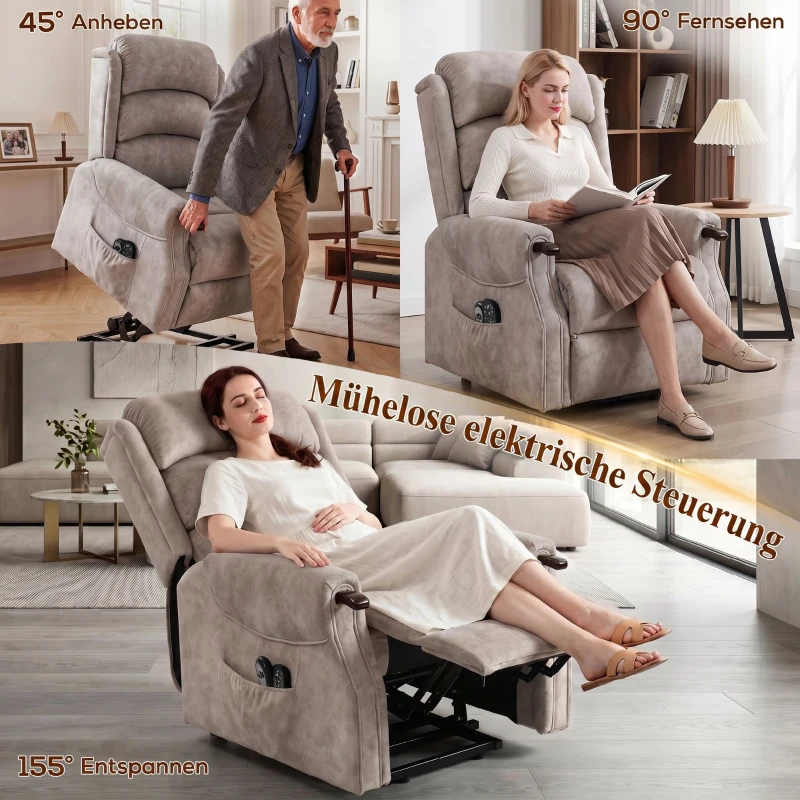 HOMCOM Elektrische Sta-op Fauteuil met Massage, Verwarming en Ligfunctie, Lichtgrijs