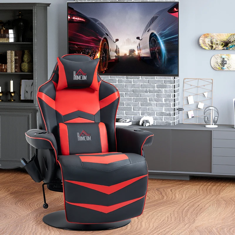 HOMCOM Sedia da Gaming Massaggiante con Poggiapiedi e Cuscino, in Finta Pelle, 78x80x111.5 cm, Nero e Rosso