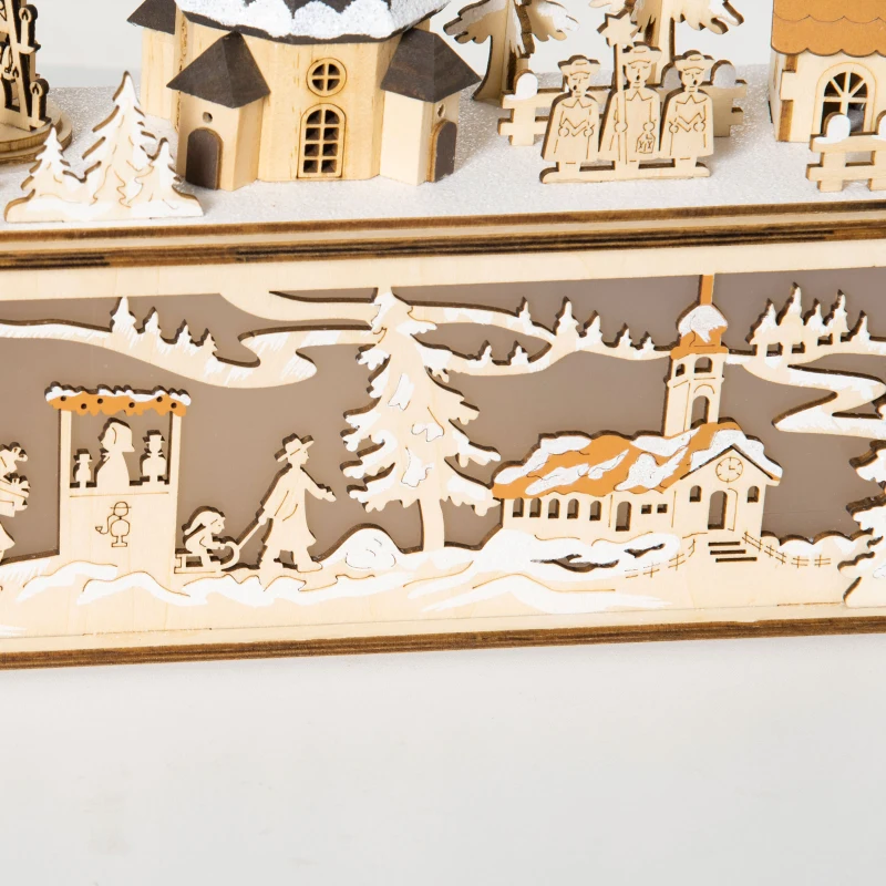 HOMCOM kerstdecoratie, besneeuwd kerstdorp, 10 LED's, warm wit licht, hout, 45 x 10 x 25 cm