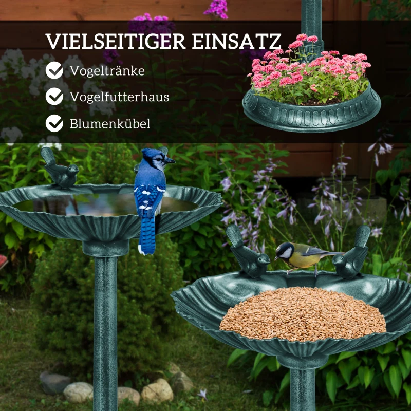 Outsunny Vogelbad met Beelden, 2 Bassins, Kunststof, Antieke Uitstraling, 49,5L x 38B x 81H cm, Donkergroen