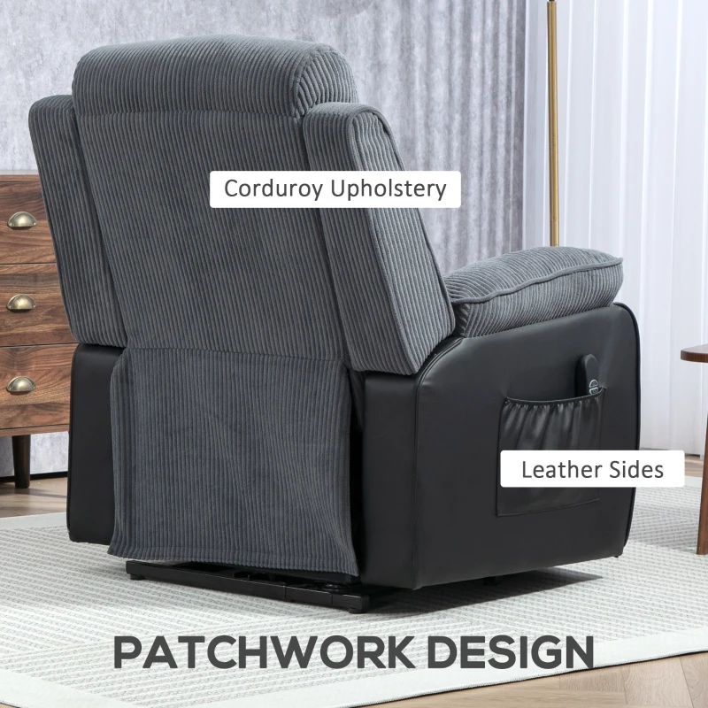 HOMCOM Opsta-fauteuil met zachte ribfluwelen bekleding, recliner-fauteuil met afstandsbediening en zijzakken, donkergrijs