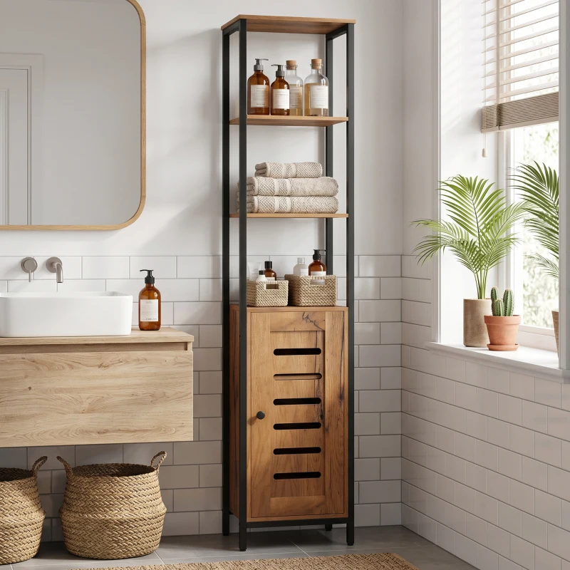 kleankin Meuble colonne de salle de bain industriel 3 étagères ouvertes porte à lamelles étagères réglables marron rustique
