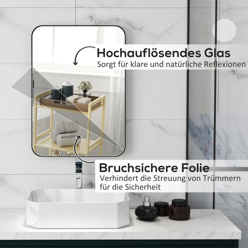 HOMCOM Badkamerspiegel wandspiegel met splinterfolie metalen frame badkamer 50 x 70 cm zwart