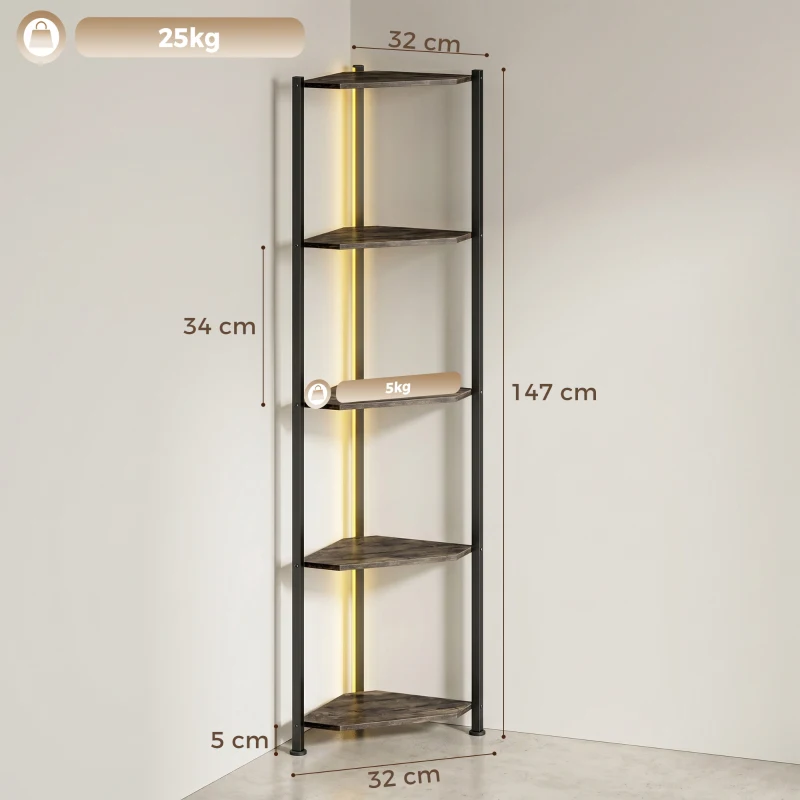 HOMCOM Boekenkast 5-laags Hoekkast met LED-verlichting voor woonkamer, slaapkamer, kantoor, Rustiek bruin