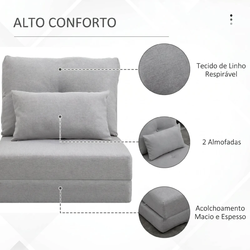 HOMCOM Sofá-Cama Individual Dobrável Revestido em Linho com Encosto Ajustável 5 Posições 1 Almofada Cinzento Claro