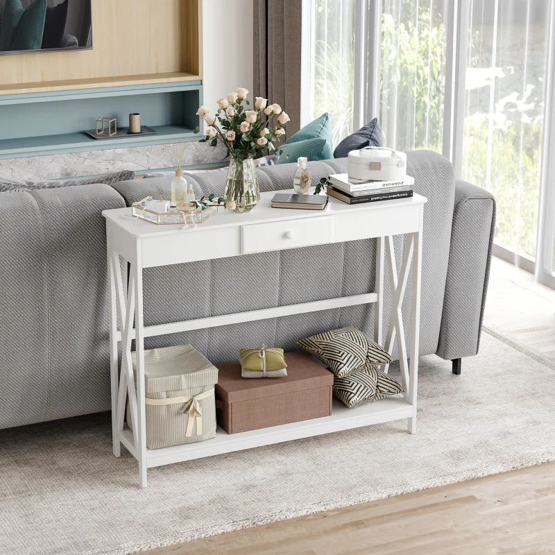 HOMCOM Mesa de Consola de Madera Mesa de Entrada con 1 Cajón y 1 Estante de Almacenaje para Pasillo Salón 100x30x81cm Blanco