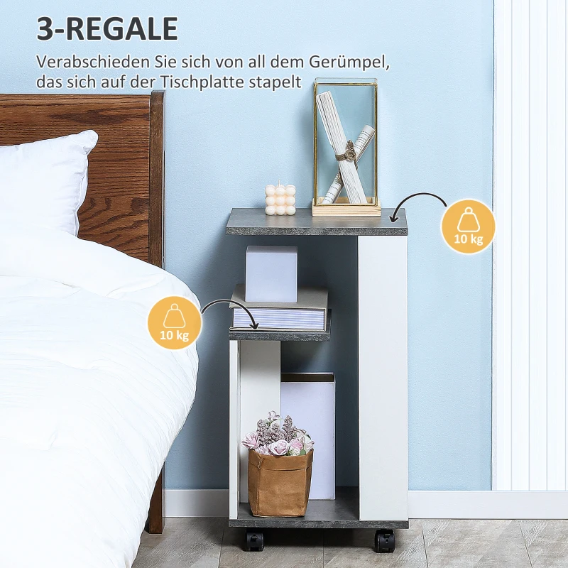 HOMCOM Nachtkastje met 4 wielen, 3 planken, 35 x 29,5 x 65,5 cm, Grijs/Wit