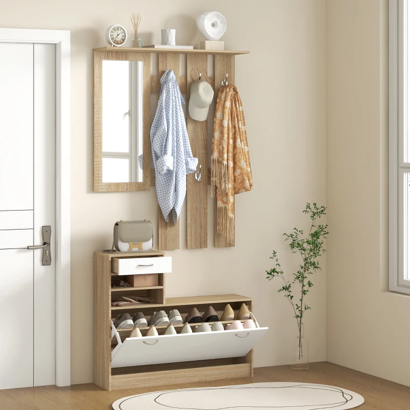 HOMCOM Recibidor de Entrada con Espejo Perchero y Zapatero Mueble de Recibidor de 2 Piezas con Ganchos Estantes Cajón Natural