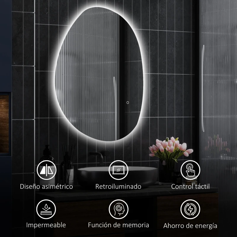 HOMCOM Espejo de Baño con Luz LED 80x60 cm 3 Colores de Luz Brillo Regulable Función Antivaho Función de Memoria IP44