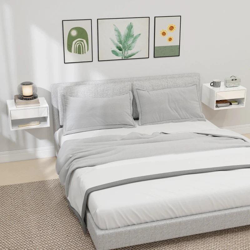 HOMCOM Conjunto de Mesas de Cabeceira Suspensas com Gaveta e Prateleira Aberta 37x32x21 cm Branco Brilhante