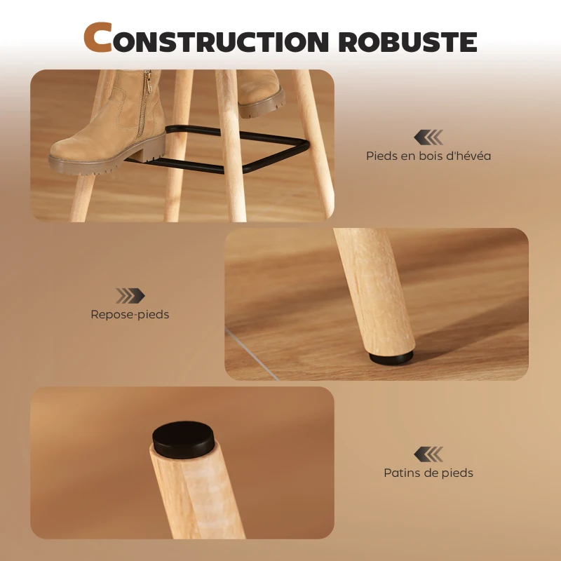 HOMCOM Lot de 2 tabourets de bar, chaises de bar capitonnées avec dossier et repose-pieds, pieds en bois, 41,5x47x97,5cm, gris
