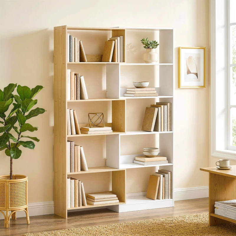 HOMCOM Bibliothèque d'angle rotative 350° à 5 niveaux, étagère de rangement extensible en forme L, 60-111x24x164cm, chêne